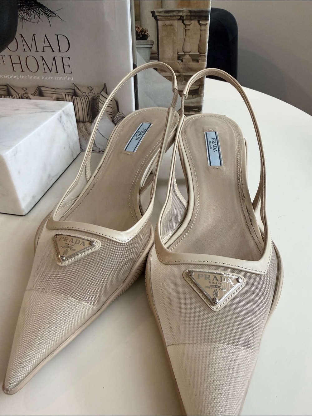 Prada Cream Pointed-Toe Slingback Pumps - Picture 8 of 8
